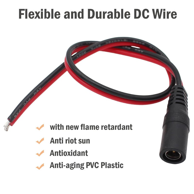 exgoofit 12V 5A DC Power Pigtail Barrel Plug Connector Cable 5 Pairs, 2.1mm x 5.5mm Male Female DC Pigtail Connectors for CCTV Security Camera and 12V Power Supply Adapter - Image 5